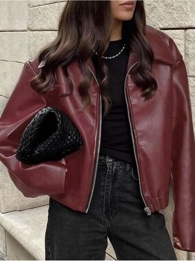 SHEIN Women's Wine Red Faux Leather Zip Jacket